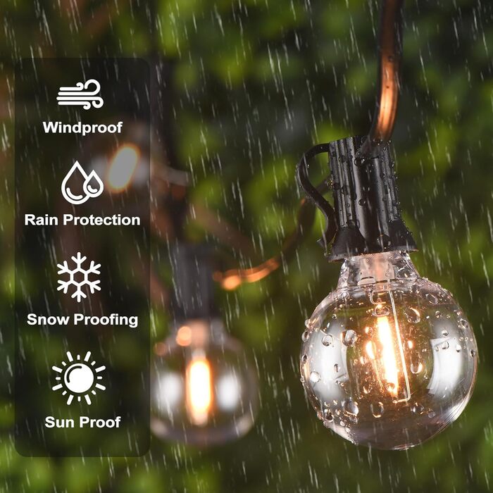 LED гірлянда на батарейках для зовнішнього використання, 10 метрів, 17+1 тепле світло G40, вологостійка IP45, для саду, балкону, тераси