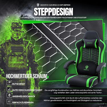 Ігровий крісло Dowinx з підігрівом, масажем, підтримкою попереку, кишеньковим пружинним сидінням та підставкою для ніг. Зелений колір.