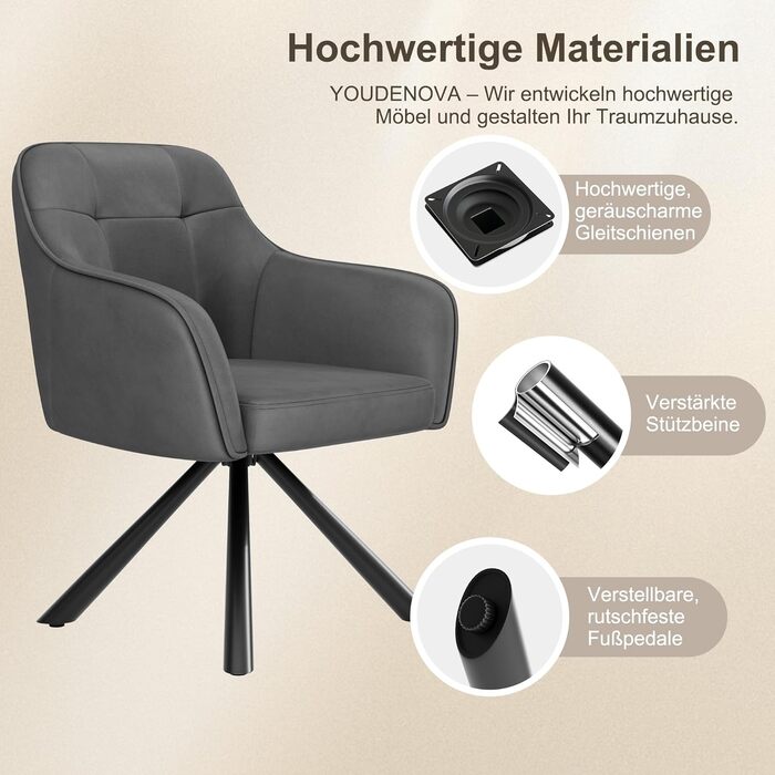 YOUDENOVA Комплект з 2-х обідніх стільців, 360° обертання з підлокітниками, оксамитовий м'який стілець для обідньої кімнати, кухні, вітальні та офісу, стільці для обідньої кімнати темно-сірий, комплект 2 шт.