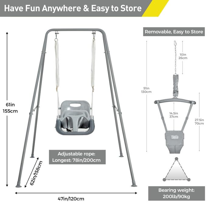 FUNLIO Набір гойдалок 2-в-1 та дитячий фітнес-арка для малюків, гойдалка для дітей з 4 мішками з піском, складаний металевий стійка для дому та вулиці, легко збирається та зберігається - Сірий