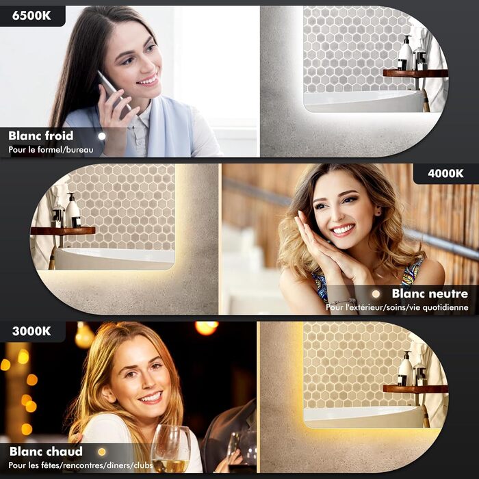 Дзеркало для ванної кімнати Worshow з підсвіткою 50x70 см: LED, регулювання яскравості, протитуманне покриття, 3 режими, таймер, пам'ять, сенсорне управління