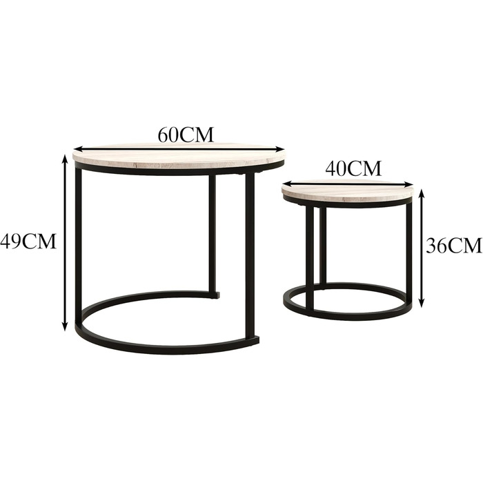 Набір з 2 круглих журнальних столиків, білий, металевий каркас, дерево, штабельований, легкий монтаж, стійкий, дуб