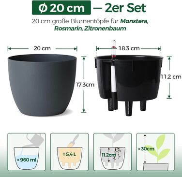 Автополив горщик з індикатором рівня води, 2 шт. - практичний горщик для квітів для зайнятих початківців та садівників, підходить для монстери/розмарину, для дому та саду (сірий, 20 см)