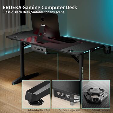 Ігровий стіл EUREKA ERGONOMIC з LED, 140x60 см. Стіл для геймерів з підсвіткою, органайзером для кабелів, тримачем для напоїв та навушників, чорний, X-Large