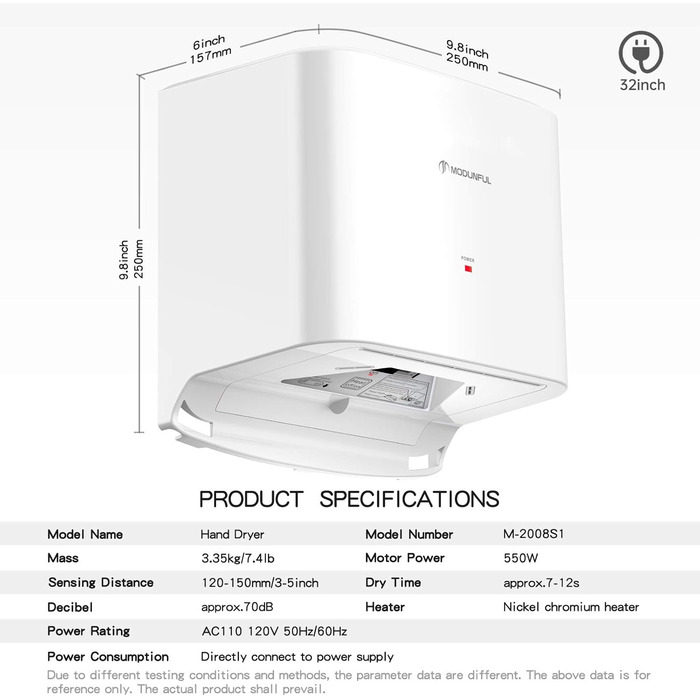 Електричний автоматичний сушар для рук настінний, 1200W (білий) Modunful S1