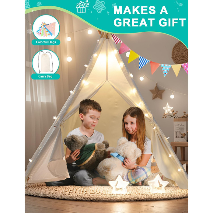 Дитяче намет Wilwolfer Tipi: намет-типі, ігровий будиночок для дітей, сумка для зберігання, полотняний намет для гри в приміщенні та на вулиці