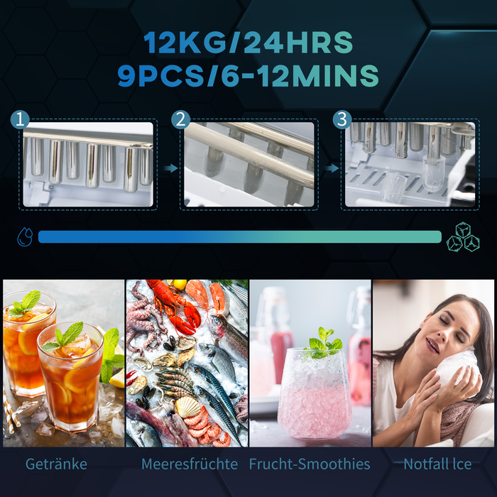 Машина для приготування льоду HOMCOM, диспенсер для льоду, Ice-Maker, продуктивність 12 кг/день, 9 кубиків/6-12 хвилин, сріблястого кольору
