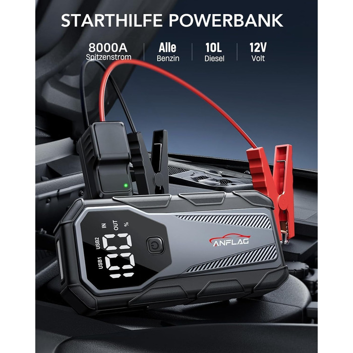 Портативний пусковий пристрій Powerbank для автомобіля, 8000A, 12V, для бензинових та дизельних двигунів, Jump Starter з LED, USB зарядка 3.0 BD40