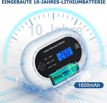 Детектор чадного газу з батареєю на 10 років, LCD-дисплеєм, акустичним сигналом 85dB, функцією вимкнення звуку, для безпеки вдома, EN50291, автономний, чорний