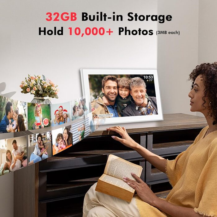 Цифровий фоторамка FRAMEO з Wi-Fi, 32 ГБ, 10,1 дюйма, IPS LCD, сенсорний екран, Smart Cloud, автоматичне обертання, підключення до Frameo App (15,6 дюйми, білий)