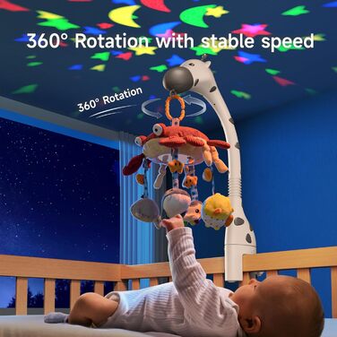 Мобіль для ліжечка TUMAMA з музикою та світлом, обертається, знімається, для дітей 0-12 місяців (білий)