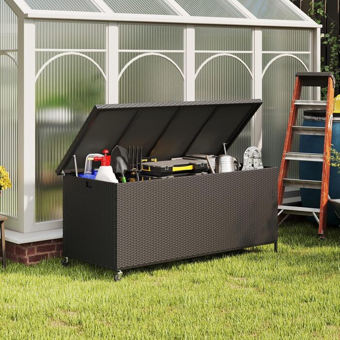 Водонепроникний садовий ящик Amopatio Gartenbox 480л з поліротангу, металевий ящик для подушок на колесах з газліфтом, чорний