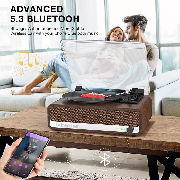 Вініловий програвач Udreamer з Bluetooth, динаміками, підтримкою USB, AUX, навушників, RCA, 3 швидкості, ремінний привід, дзеркальний дизайн, горіх