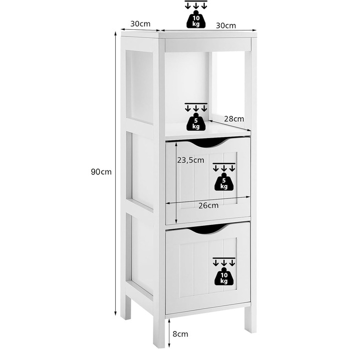 Вузька тумба для ванної кімнати з шухлядами, полицею та поворотним замком, 30x30x90 см (білий)