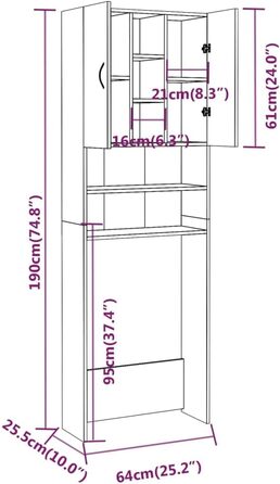 Шафа для пральної машини, Тумба для ванної кімнати з 2 дверцятами, 9 відділень, Висока шафа, (Коричневий Дуб)