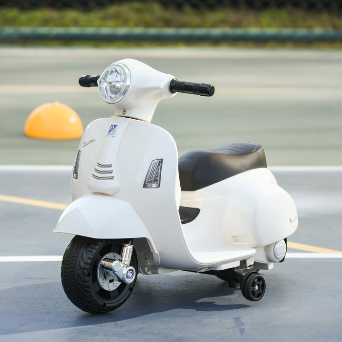 Дитячий електричний мотоцикл HOMCOM VESPA, 18-36 місяців, 3 км/год, LED світло та звук, PP пластик та метал, білий, 66.5x38x52см