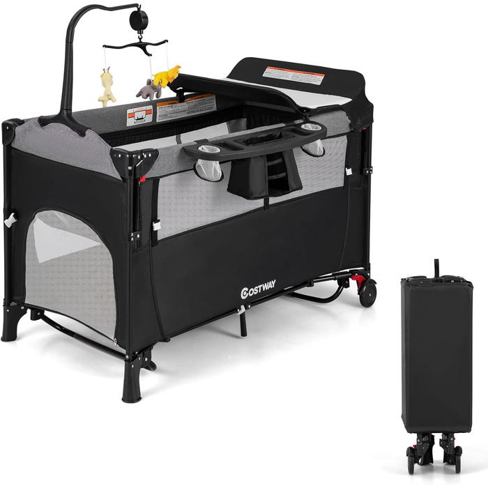 Дитяче ліжко-манеж COSTWAY 120x60 см, 2 рівні, з матрацом, пеленальним столиком, іграшками та музичною шкатулкою, мобільний, регульований, для дітей до 15 кг