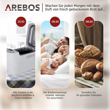 Хлібопечка Arebos 1500г з 15 програмами, таймером та LCD дисплеєм | 850 Вт | Білий