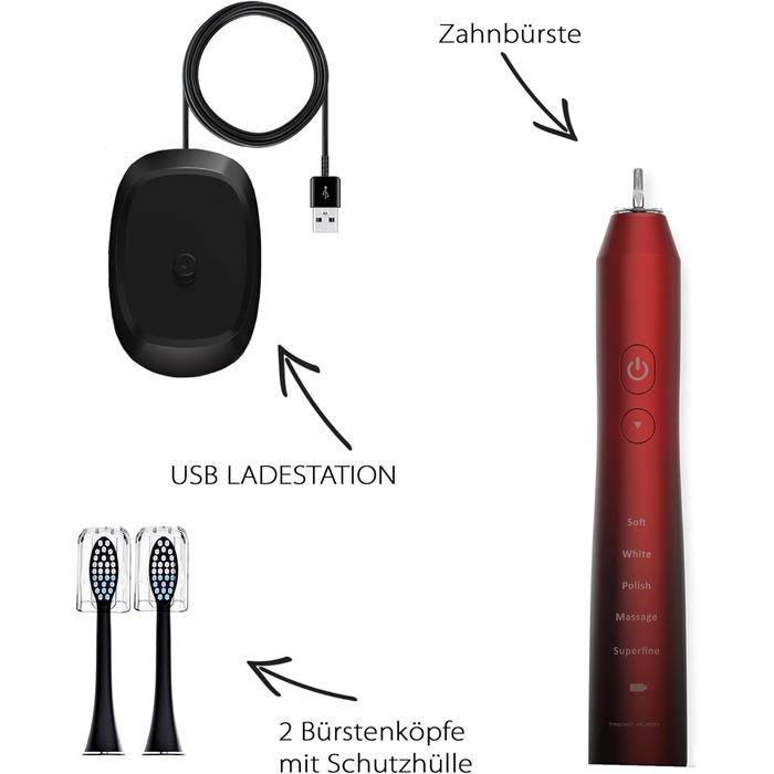 Електрична зубна щітка Tristan Auron – 55 000 вібрацій, 5 режимів, 60 днів роботи від акумулятора, компактна та тиха, 2 насадки, для бережного очищення зубів (червона)