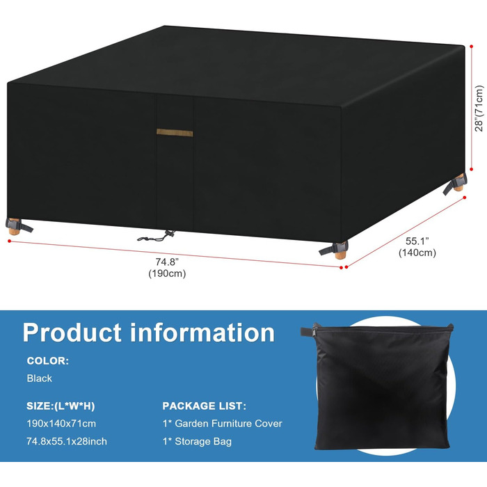 Водонепроникний чохол для садово-патіо меблів VANSHEIM 60x60x60 см / 190x140x71 см, захисна накривка для столу та сидінь