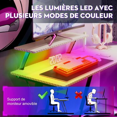 Ігровий кутовий стіл Devoko 130x130 см з LED RGB-підсвіткою, підставкою для монітора та гачком для навушників, карбоновий білий