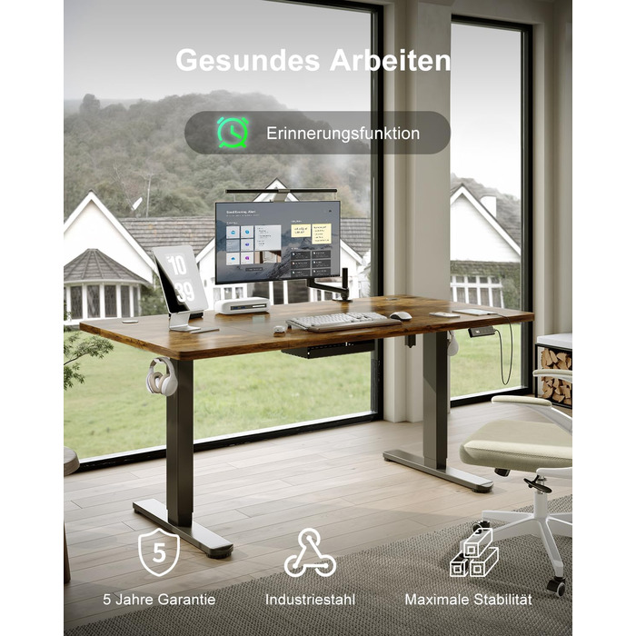 Регульований стіл Devoko 200x80 см з USB-C, електричний, мобільний, з органайзером для кабелів, білий/вінтажний коричневий