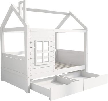 Дитяче ліжко 80x160 см з ящиками та віконцем, масивне дерев'яне ліжко з бортиками та ламелями, ліжко-будиночок для хлопчиків та дівчаток, ліжко-будиночок, ліжко для підлітків, без матраца, біле