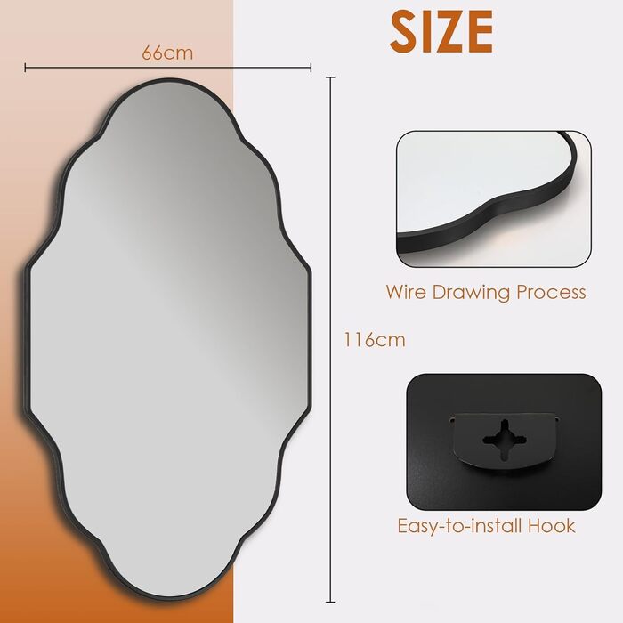 Дзеркало настінне Clevich Asimetrisches 66x116 см з алюмінієвою рамою, скло HD, чорний колір, для ванної кімнати, вітальні, спальні