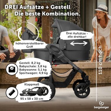 Дитяча коляска Bergsteiger Capri 3-в-1 з люлькою, автокріслом i-Size та ременями, повітряні колеса, амортизація, регульована ручка, складна, аксесуари сірого кольору | Рама: антрацитова коляска + автокрісло