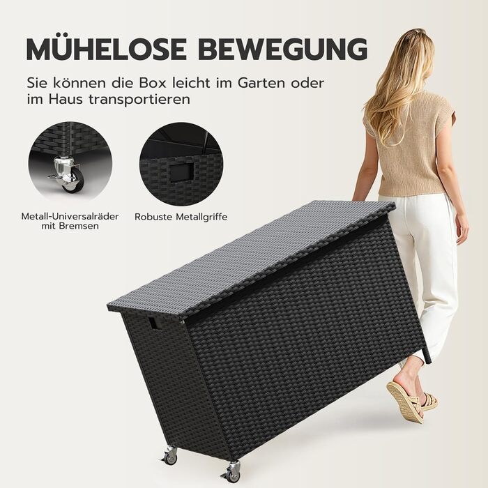 Водонепроникний садовий ящик Amopatio Gartenbox 480л з поліротангу, металевий ящик для подушок на колесах з газліфтом для саду та балкону (чорний)