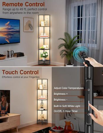 LED торшер з полицею, 3 режими світла, димування (сенсор/пульт), кутова полиця 5 рівнів, вузька книжкова шафа для вітальні, спальні, офісу, чорний