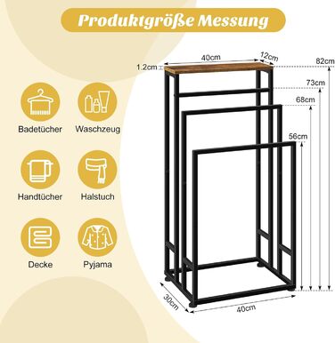 Підставка для рушників Smusei, настільна, 3-ярусна, з полицею з дерева, з нержавіючої сталі, для ванної кімнати та вітальні, 40x30x82 см, чорний (вінтажний коричневий)