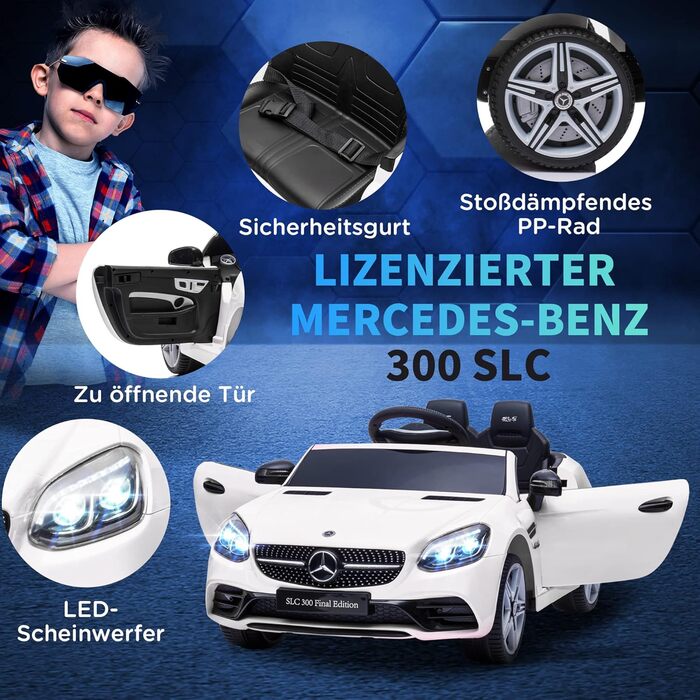 Дитячий електромобіль Mercedes SLC 300 AIYAPLAY 12V з пультом, LED-фарами, ременем безпеки, звуком, для дітей від 3 років, білий
