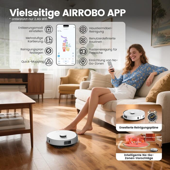 Робот-пилосос AIRROBO T30+ з функцією миття, 6000Pa, LiDAR-навігація, 240 хв роботи, App-керування, білий малюнок