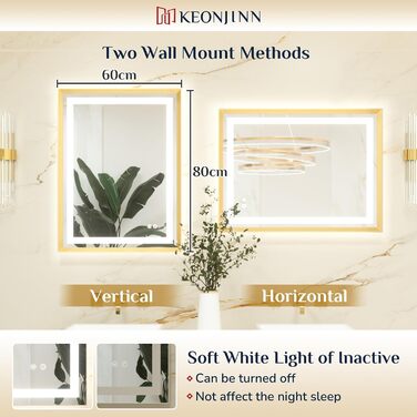 Дзеркало для ванної кімнати Keonjinn з підсвічуванням, металевий каркас 50x70 см, антизапар, LED, сенсорне керування, 3 кольори світла, диммування, пам'ять, настінне дзеркало (Золотий, 80x60 см)