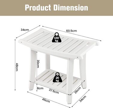 Душова лавка LIFEZEAL з 2 полицями, ванна кімната, стілець для душу, 150 кг, біле, 60,5x34x48 см