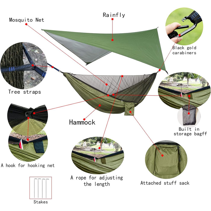 Набір кемпінгових гамаків, одинарний двомісний гамак, москітна сітка, сітка від комах, дощовик, підвісне ліжко з парашутної тканини високої міцності. Підходить для активного відпочинку, походів, кемпінгу, подорожей (зелений)