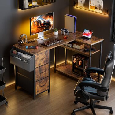 Комп'ютерний стіл HLONONE L-подібний з 3 висувними ящиками для тканини, з полицями та бічною кишенею, для офісу, геймінгу та дому, білий (140 x 80 см, коричневий)