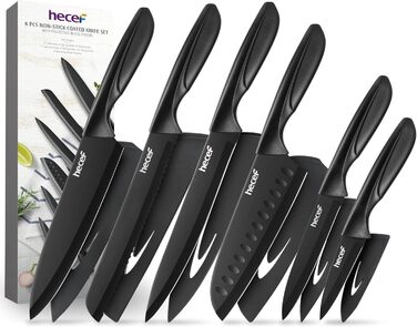 Набір кухонних ножів Hecef 15 предметів з бруском, чорний колір, антипригарне покриття, безпечний для миття в посудомийній машині, самозаточуваний брусок, ергономічні ручки, набір ножів для кухні для початківців та любителів готування (6 шт)