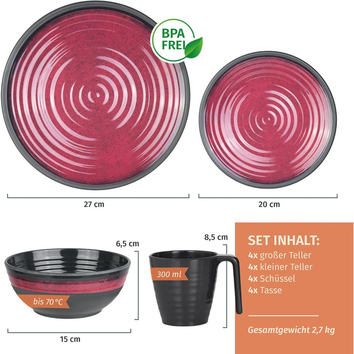Набір посуду для кемпінгу Melamin 12 предметів (4 персони) Stone Red + 4 чашки