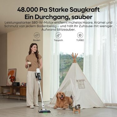 Акумуляторний пилосос ElecKeys 48000 Па, 580 Вт, 65 хв з LED дисплеєм, для підлоги, килимів та шерсті тварин, білий