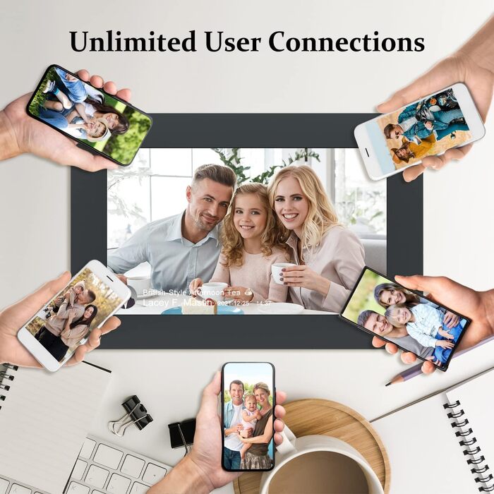 Цифровий фоторамка WiFi 10,1 дюйма, IPS HD сенсорний екран, 32GB, автоматичне обертання, підключення з будь-якого місця, чорний колір