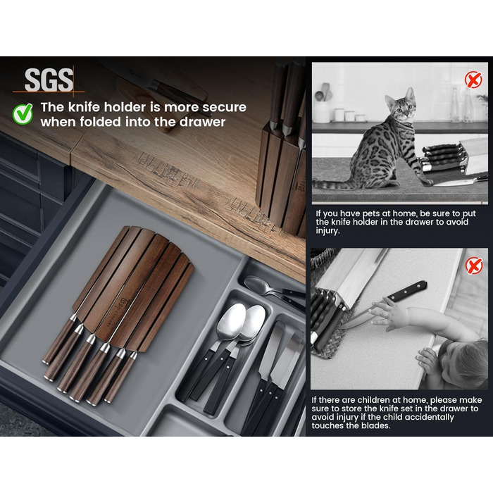 Набір кухонних ножів 7 шт. японського стилю з магнітною підставкою з акації та гострим лезом з вуглецевої сталі, ергономічні ручки