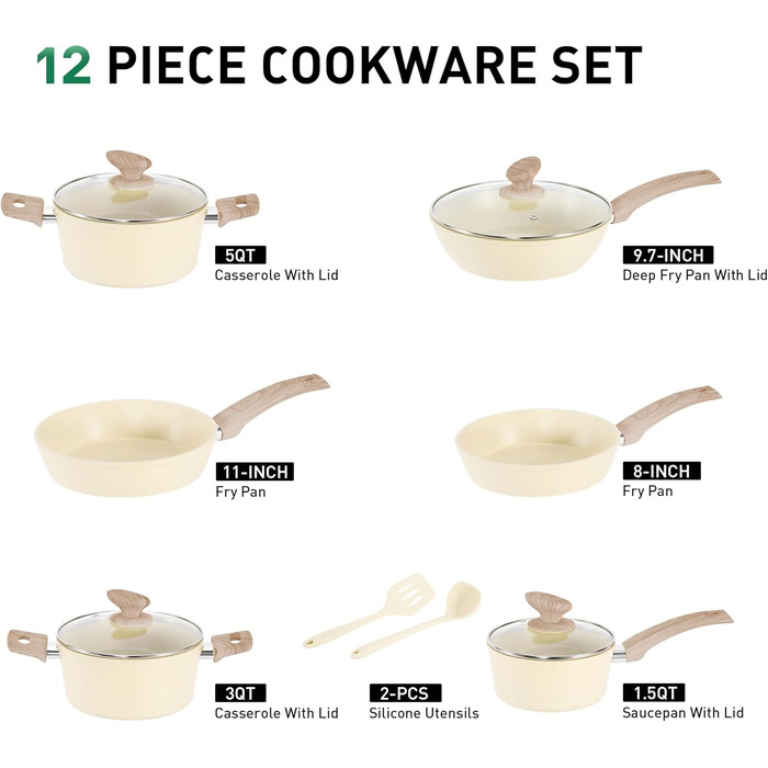 Набір посуду MAISON ARTS 12 предметів: каструлі та сковорідки з антипригарним покриттям, гранітне покриття, для плити та індукції, бежевий