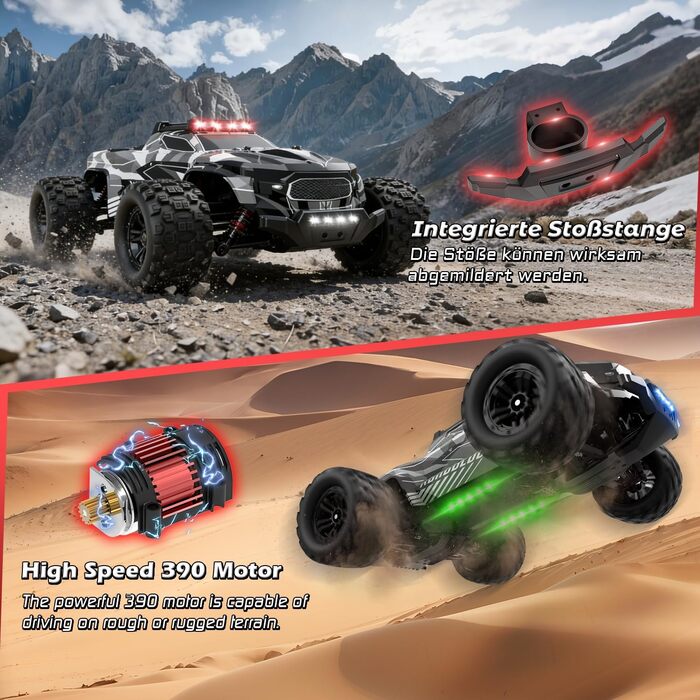 RC Автомобіль Monstertruck 1/14 4WD, 40 км/год, 2 батареї, 7 кольорів підсвічування, Водонепроникний, для дітей та дорослих, Чорний