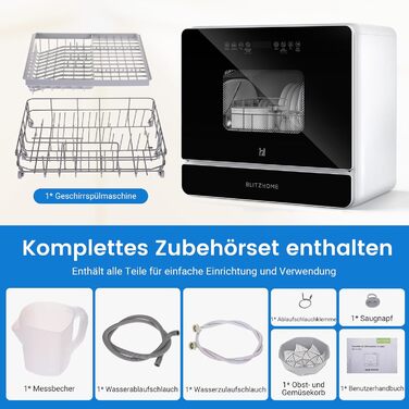 Міні посудомийна машина BLITZHOME з сенсорним керуванням, 9 програм, портативна для кемпінгу, 5.2L, з/без підключення до води, сушка, відкладений старт