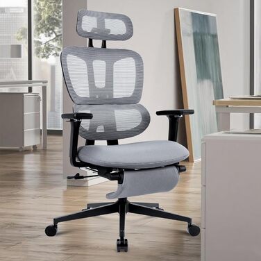 Ергономічне крісло для офісу з підніжкою, висока спинка, 2D-підголівник, відкидні підлокітники, сидіння з губки, сітчастий офісний крісло, крісло для керівника, комп'ютерне крісло для дорослих (сірий)