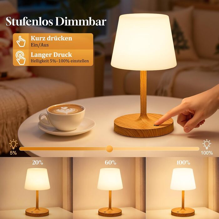 LED настільна лампа бездротова з сенсорним керуванням, регульоване світло, функція пам'яті, для спальні, кафе, відпочинку на природі, з текстурою дерева