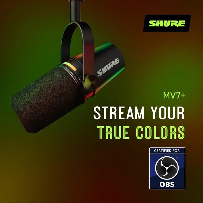 Мікрофон Shure MV7+ для подкастів, студійний, USB-C/XLR, LED-панель, авто-рівень, цифровий поп-фільтр, ефекти, для запису, стрімінгу, чорний