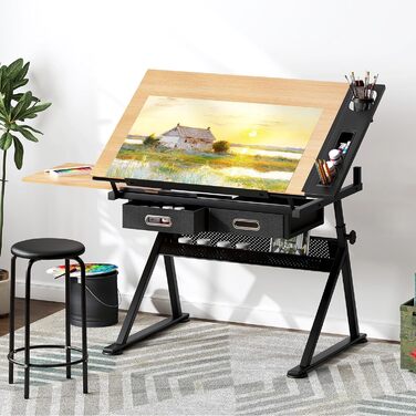 Регульований стіл для малювання та роботи, з хокером та ящиками. Ідеально для техніків, архітекторів та студентів мистецтв